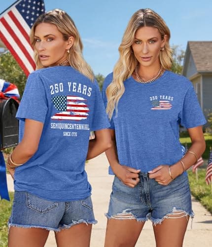 Ithalt 250th Anniversary USA Shirt Womens 4th of July Shirts American Patriotic T Shirts USA Flag Short Sleeve Tops(ABlue2,Small) - Thumbnail 4