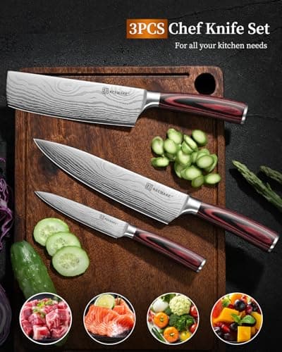 KEEMAKE 3 Pieces Knife Set, High Carbon Stainless Steel Chef Knives Sets with Ergonomic Pakkawood Handle, Professional Ultra Sharp Kitchen Knife Sets, Father Day Gifts - Thumbnail 6