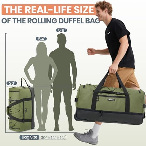 Fanwoli 30'' Large Rolling Duffle Bag with Wheels - No-Sag Heavyload Design, Waterproof & Collapsible (100L-120L) Wheeled Luggage with Soft Handle, Ideal for Extended Travel, Camping, Moving & Gym - Thumbnail 6