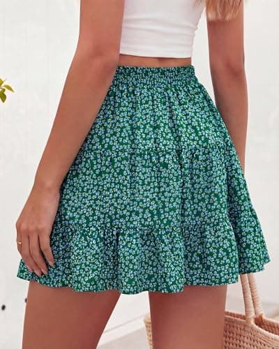 BTFBM Summer Skirts for Women 2026 Floral High Waist Shorts Underneath Boho Tiered Flowy Tennis Skorts Casual Mini Skirt(Floral Green Blue, Large) - Thumbnail 3