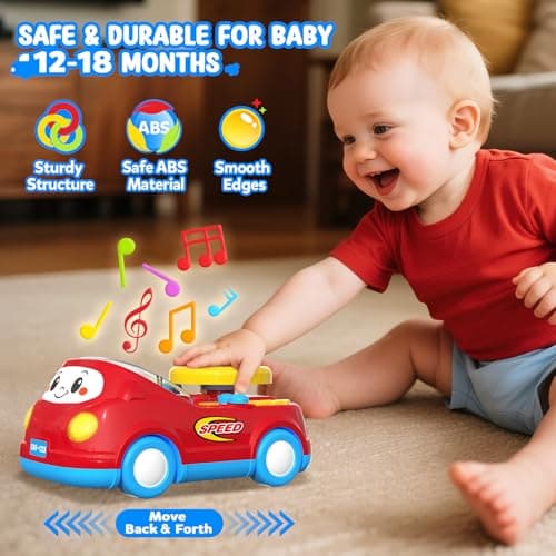 Toys for 1 Year Old Boy Gifts - 2-in-1 Toddler Push Car & Musical Racing Adventure Steering Wheel Driving Game, Interactive Simulated Driving Car for Baby 12-18 Months, Birthday Gift Ages 1-2, Red - Thumbnail 3