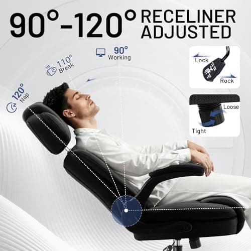 AreShark Ergonomic Office Chair with Lumbar Support, 400lbs Heavy Duty Big and Tall Executive Desk Chair, PU Leather High Back Computer Chair with Flip-Up Arms & Adjustable Headrest, Black - Thumbnail 3