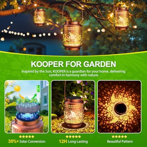 KOOPER Solar Lanterns Outdoor Waterproof Birthday Gifts for Women Mon Grandma, 2 Pack Brighter Hummingbird Hanging Solar Lantern Lights Outdoor, 2 Modes Metal Outdoor Decoration for Yard, Patio - Thumbnail 5