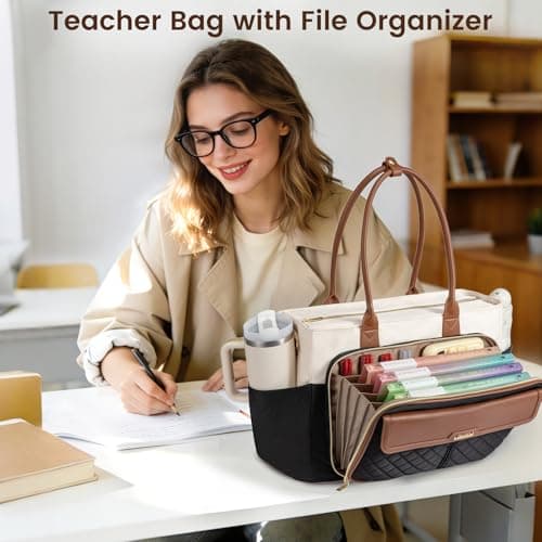LOVEVOOK Laptop Tote Bag for Women with Accordion File Area, Work Bag for Teacher with Large Cup Holder, Quilted Nurse Diaper Bag for Travel, Computer Women's Handbags for Teacher Gift, 15.6 Inch - Thumbnail 2