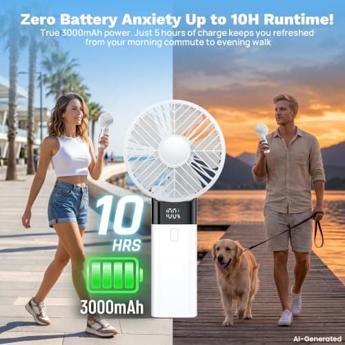 HAWANA Portable Handheld Fan, High Speed mini handheld fan with LED Display, travel fan 180° Foldable Desk Fan with Base, 5 Speed small fan for Outdoor Activities, Travel, Beach, White - Thumbnail 3