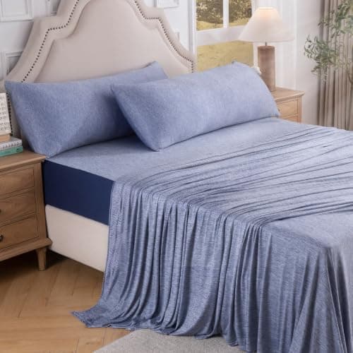 OMERAI 4 Piece Cooling King Size Sheet Set, Bed Sheets Set with 1 Flat Sheet, 1 Fitted Sheet & 2 Pillowcases, Breathable Cool-to-Touch Fabric, Soft Smooth Deep Pockets Bed Sheets for Summer, Blue - Image 1