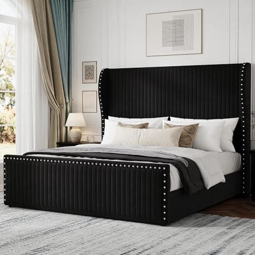 Belffin Queen Bed Frame with 55.1" Tall Headboard, Upholstered Soft Velvet Platform Bed with Nailhead Trim Wingback Design, Strong Wooden Slats, No Box Spring Needed, Noise-Free, Easy Assembly, Black