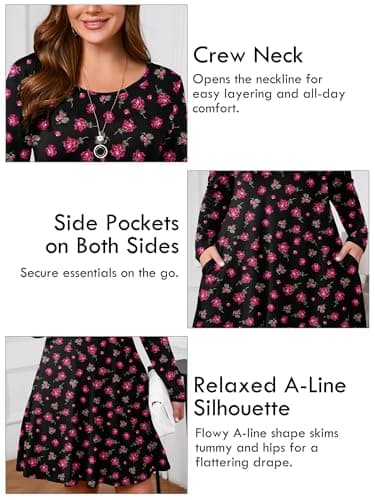 AusLook Plus Long Sleeve Dress for Women 2025 Fall Winter Casual Flowy A-Line Boho Midi Party Vacation Maternity Wedding Guest Work Black Pink Rose 2X Dresses with Pockets - Thumbnail 4