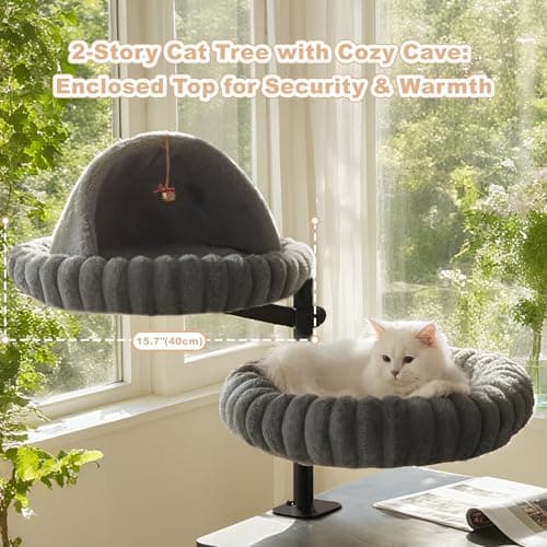 Dogpals 2-in-1 Cat Desk Bed: 360° Rotating & Height Adjustable Cat Tree with Semi-Enclosed & Open Layers, No-Drill Clamp for Desk up to 1.18" Thick, Supports 9lbs for Office, Grey - Thumbnail 3