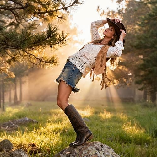 QIY Chocolate Cowboy Boots for Women Embroidered Pointed Toe Cow Girl Classic Block Heel Nashville Knee High Western Dark Brown Cowgirl Boots Size 7 - Thumbnail 2