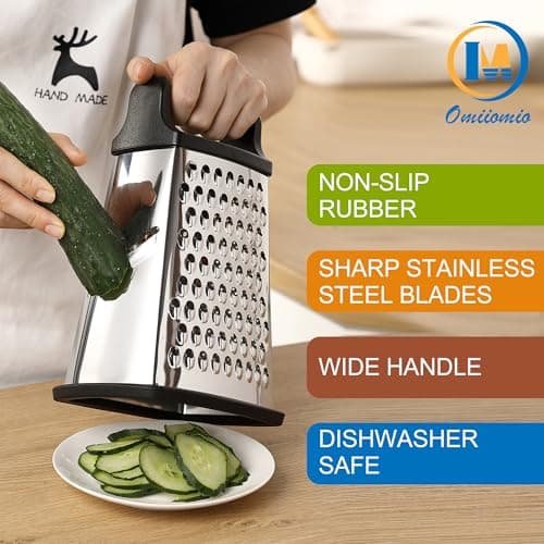OIM Omiiomio Professional Cheese Grater - Stainless Steel, XL Size, 4 Sides - Perfect Box Grater for Parmesan Cheese, Vegetables, Ginger - Dishwasher Safe - Black - Thumbnail 4