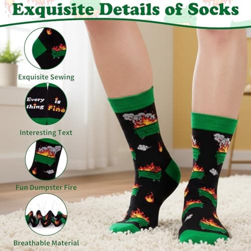 COZYMATE Funny Dumpster Fire Crew Socks for Men Novelty Socks for Cowokers Boss Office Gag Gifts (US, Alpha, One Size, Regular, Regular, Green&Black) - Thumbnail 3
