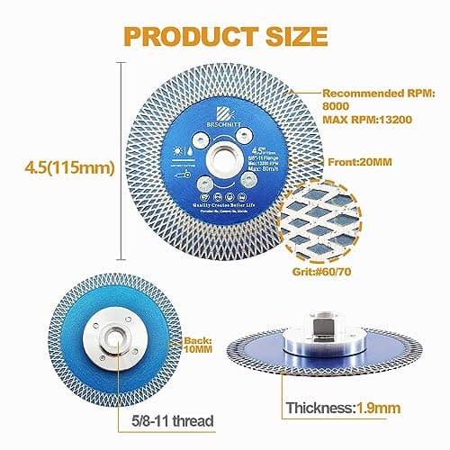 Diamond Porcelain Tile Saw Blade - BRSCHNITT 2pcs 4.5" Super Thin Diamond Cutting Grinding Disc with X Teeth with 5/8 Thread for Ceramic Tiles,Granite,Marble Angle Grinder Circle Saw Blade - Thumbnail 2