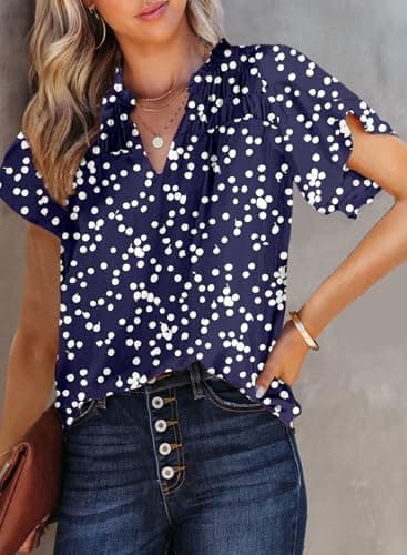 Dokotoo Womens Juniors Summer Tops 2026 Fashion Trendy Casual Dressy Spring Smocked Short Sleeve T Shirts Alicia Flower Print V Neck Business Work Tunic Bohemian Floral Top Medium Blue - Thumbnail 2