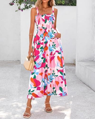 PRETTYGARDEN Womens Summer Dresses 2026 Casual Spaghetti Strap Ruffle Smocked Flowy Floral Spring Maxi Dress with Pocket(Apricot Rose Red Flower,Large) - Thumbnail 2