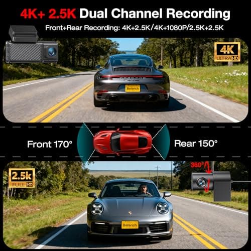 Beferich 4K+2.5K Dash Cam Front and Rear, Built-in GPS, 5.8G WiFi, Free 64GB Card Included, Dash Camera for Cars, 2-Channel Car Camera,3.16'' IPS Screen,G-Sensor,WDR&HDR,24H Parking Monitor,Max 256GB - Thumbnail 2