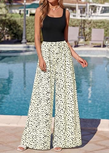 KIRUNDO Jumpsuits for Women Dressy 2026 Summer One Piece Sleeveless Boho Floral Wide Leg Romper Beach Vacation Cruise Outfits(Dot White Black, XX-Large) - Thumbnail 5