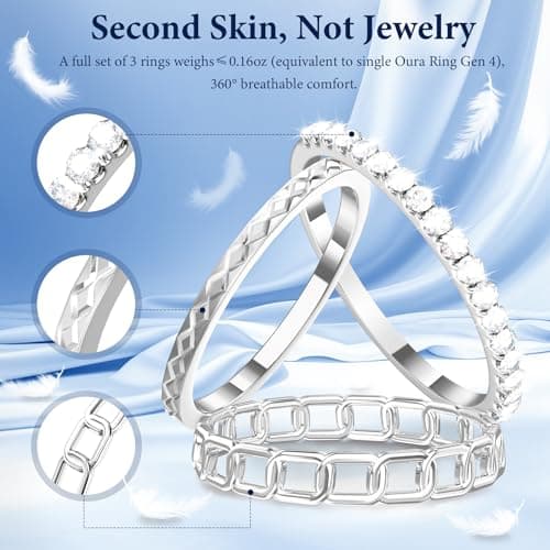 YWXTW 3 Pack 14K Gold-Plated Non Tarnish Stacking Rings for Oura Gen 4/Ultrahuman/Samsung/Diamond, Timeless Elegance White Zirconia Engagement/Promise Oura Stack Band Gift for Women Silver 8 - Thumbnail 6