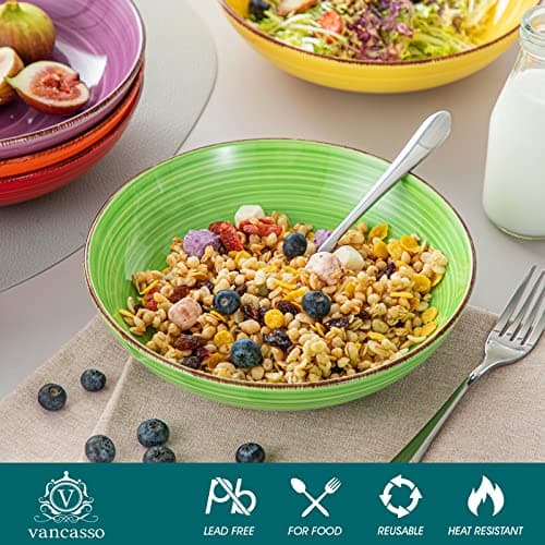 vancasso Bonita Pasta Bowls Set of 6, 38 oz Shallow Ceramic Bowls for Pasta, Salad, Soup & More - Microwave, Dishwasher & Oven Safe - Assorted Colors - Thumbnail 3