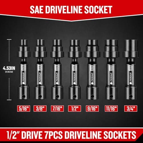 7-Piece 1/2'' Drive Driveline Limited Clearance Socket Set, 12-Point SAE Impact Swivel Socket Set, Cr-Mo Steel with Storage Case for Automotive & Industrial - Thumbnail 2