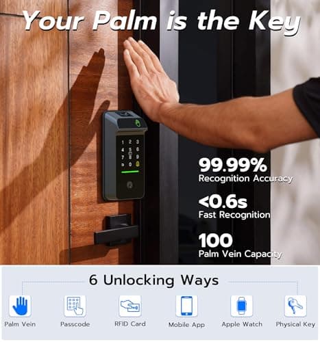 Anweller MD3 Palm Vein Smart Deadbolt Lock, Biometric Keyless Entry Door Lock for Front Door, Built-in WiFi, 10000mAh Battery, Code Keypad, RFID Card, Display Screen, Auto Lock Sensor - Thumbnail 2