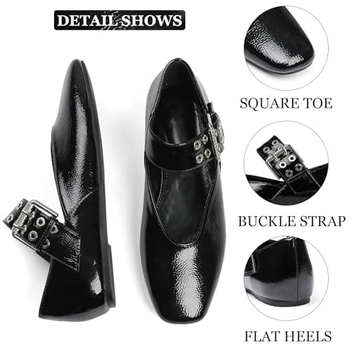 Attiposh Womens Ballet Flats Square Toe Ballerina Flats Buckle Strap Black Flats Comfortable Dressy Mary Janes Casual Dress Shoes for Spring, 7.5 - Thumbnail 4