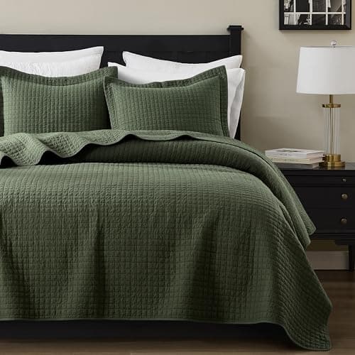 WDCOZY 100% Cotton Queen Size Quilt Set - Olive Green Box Pick Stitch Soft Lightweight Bedspread, Textured Like Linen, Farmhouse Country Rustic Coverlet, Shabby Chic Gauze Bedding, 3 Pieces - Image 1