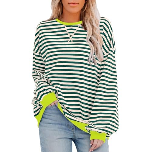 HDLTE Womens Oversized Striped Sweatshirt Crewneck Classic Color Block Long Sleeve Casual shirt Fashion Loose Pullover Tops Green