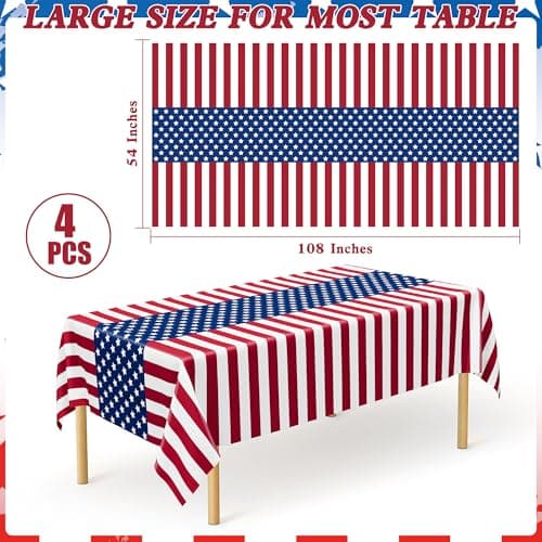 4 Pcs 4th of July Decorations, 108" X 54" Plastic 250th Anniversary 4th of July Tablecloths, Rectangle Red White Blue Tablecloth American Tablecover, Patriotic Table Cover Memorial Day Party Supplies - Thumbnail 2