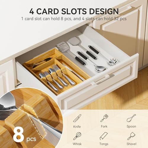 Yofidra Bamboo Silverware Organizer, 13.8 x 9.84 x 1.96 Inches Kitchen Utensil Drawer Organizer, Silverware Tray for Drawer with Fixed Slots for Spoons, Forks & Knives, Natural - Thumbnail 3