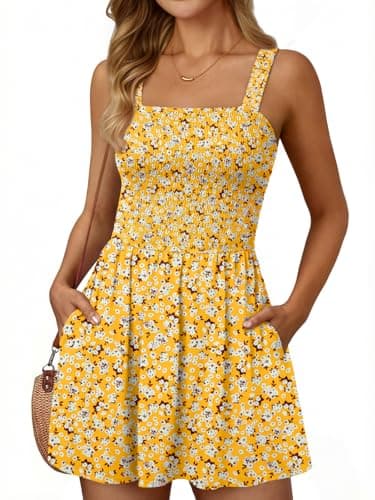 LILLUSORY Womens Short Summer Dress Mini Sundress Beach Vacation Spring Sleeveless Dresses 2026 Casual Outfits Cute Clothes with Pockets Square Neck Resort Wear Clothing Floral Yellow M - Image 1