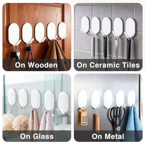 10 Pcs Metal Hooks, Adhesive Hooks for Hanging, Key Hooks, Wall Hooks, Command Hooks, Coat Hooks, Door Hooks, Towel Hanger, Picture Hanger, Storage Hooks, Utility Hooks for Bathroom, Kitchen (White) - Thumbnail 4