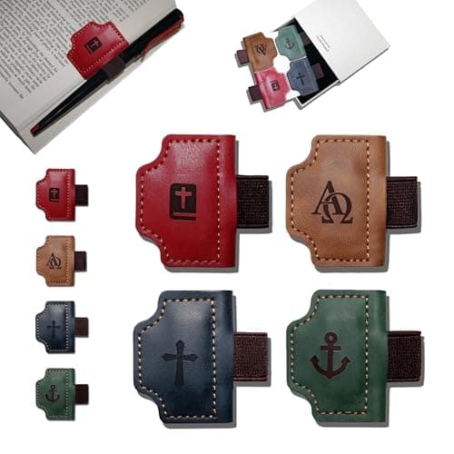 Buyborgood 4 Pcs Personalized Magnetic Leather Bookmark Pen Holder Book Lovers Christian Gifts Bygone Mark for Reading, Red-Bible + Brown-AΩ + Blue-Cross + Green-Anchor