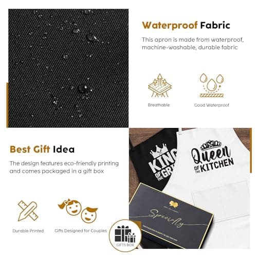 King & Queen Apron Set - Matching Couples Kitchen Aprons with Deep Pockets & Reinforced Stitching - Waterproof Professional Cooking Gear for Wedding, Engagement, Bridal Shower, Valentines, Christmas - Thumbnail 3
