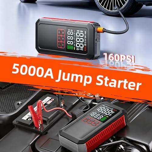 5000A Car Battery Jump Starter with Air Compressor 160PSI, Portable Battery Jumper Starter 7.0L Gas/6.0L Diesel, Car Battery Charger, Jumper Cables, Power Bank & Light - Thumbnail 3