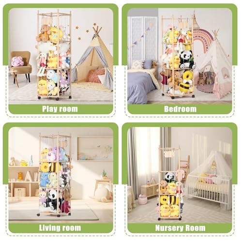 TOMSHUB Stuffed Animal Storage & Organizer, 54 inch Tall Wooden Cute Zoo Toy Holder with Building Block Storage Bag, Space Save Toy Holder with Elastic Cord for Toddler Rooms, Playrooms & Bedrooms - Thumbnail 5