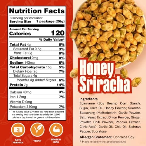 Where You Bean Hard Coated Edamame Beans Snack (Honey Sriracha) - Crunchy and Roasted Edamame Beans Snack - Vegan, Plant Based Protein, Keto Friendly & Healthy Snacks for Adults 0.9 oz (Pack of 8) - Thumbnail 2