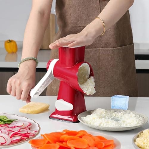 Rotary Cheese Grater with Handle, Multifunctional Kitchen tool, Stainless Steel Rotary Grater Slicer for Fruit, Vegetables, Nuts (Red) - Thumbnail 2