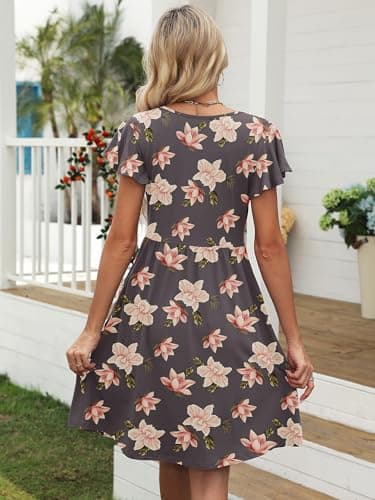 Heymoments Women Summer Dress Ruffle Sleeve Rosybrown Hibiscus XX-Large V Neck Casual Cute Loose Sundress Comfy Swing Midi Work Flowy Tunic Ladies Beach Vacation Teacher Dresses with Pockets - Thumbnail 5