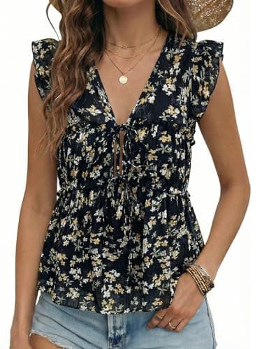 Acelitt Women's Fashion Trendy 2026 Summer Ditsy Floral V Neck Tie Front Tops Ruffle Cap Sleeve Babydoll Blouses Shirts Black Small - Image 1