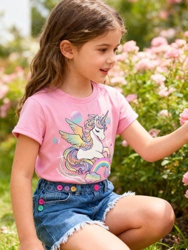 Funnycokid Little Girls Shirt Size 6 7 Kids Pink Tees Unicorns Bubbles Animal T-Shirt Graphic Short Sleeve Clothes Tops - Thumbnail 4