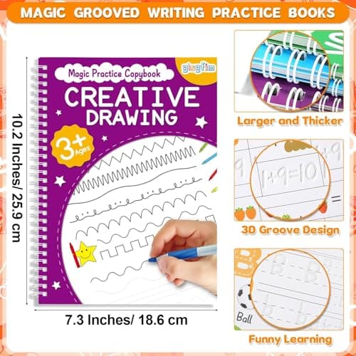 gisgfim 8 Pack Magic Grooved Writing Practice Books for Kids Reusable Magical Handwriting Workbooks with Disappearing Ink Pens Letter,Numbers,Math Tracing Copybook for Kindergarten Preschool Age 3-8 - Thumbnail 3