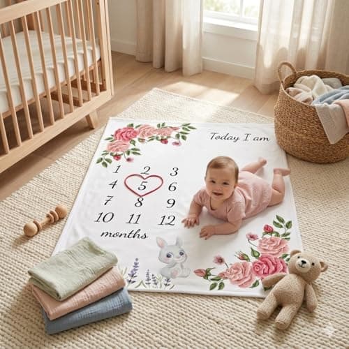 vmaisi Baby Milestone Blanket for Girl, Monthly Growth Photo Blanket for Newborn Infant, Floral Nursery Swaddle Blanket (Flowers, Single Printed - Thumbnail 2