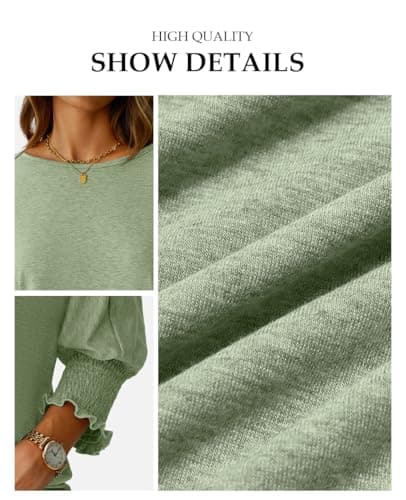 NORACORA 3/4 Sleeve Womens Tops Fall Clothes Casual Spring Summer Lightweight Loose Fit Basic Tunic Shirts Business Dressy Casual Blouses with Smocked Cuffs Grass Green XL - Thumbnail 5