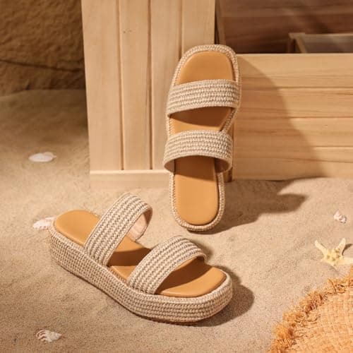 Erocalli Wedges For Women Raffia Platform Sandals Espadrille Summer Beach - Thumbnail 6