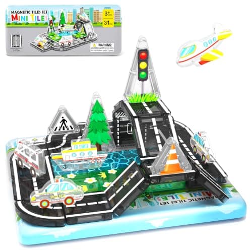 Road Mini Magnetic Tiles with Case Travel Toys for 3+ Year Old Boys Girls