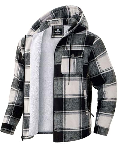 G Gradual Men's Flannel Jacket Fleece Sherpa Lined Hoodies Zip Up Plaid Shirt Warm Winter Jackets for Men with Zipper Pockets(Black White,S)