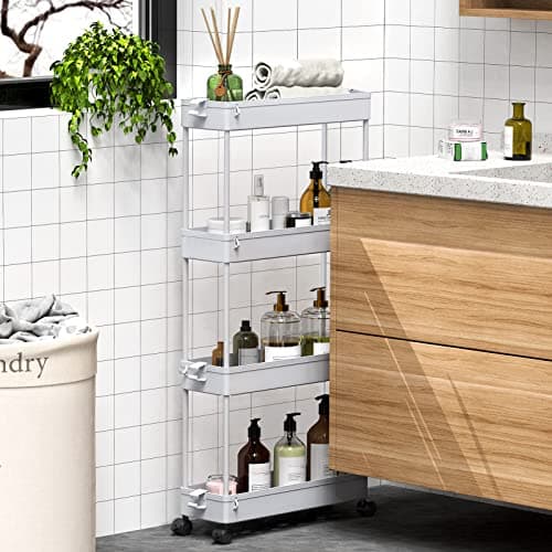 SPACEKEEPER Slim Rolling Storage Cart 4 Tier Bathroom Organizer Mobile Shelving Unit Storage Rolling Utility Cart Tower Rack for Kitchen Bathroom Laundry Narrow Places, Gray - Thumbnail 5
