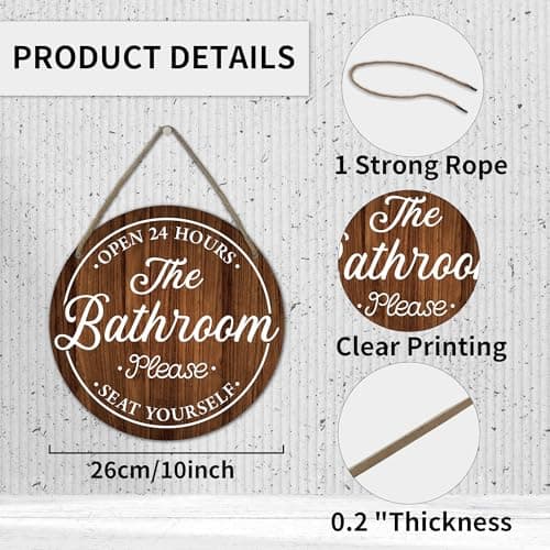 Funny Bathroom Signs Decor - Bathroom Open 24 Hours Please Seat Yourself Wall Decor - Rustic Round Wooden Door Sign For Farmhouse Home Decor Bath Room Accessories & Decorations - A03 - Thumbnail 2