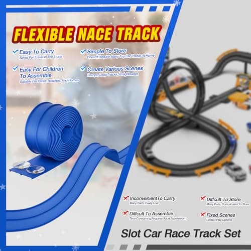 MozoaLata Flexible Race Track for Kids 15ft Race Car Track, Rolls Up Portable Racetrack Compatible with Hot Wheels & Diecast 1/64th Cars,2025 Christmas Birthday Gift, (2 Lane Tracks - Blue) - Thumbnail 6